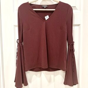Express Wine Red Cold-Shoulder Bell Sleeves V-Neck Top